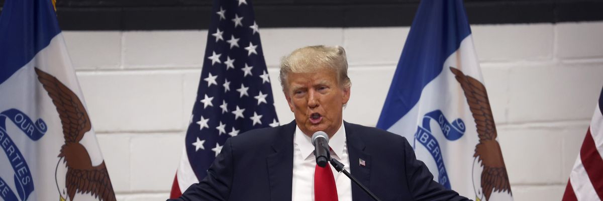 Former President Donald Trump greets supporters at a volunteer leadership training event held at the Grimes Community Complex in Iowa on June 1, 2023.
