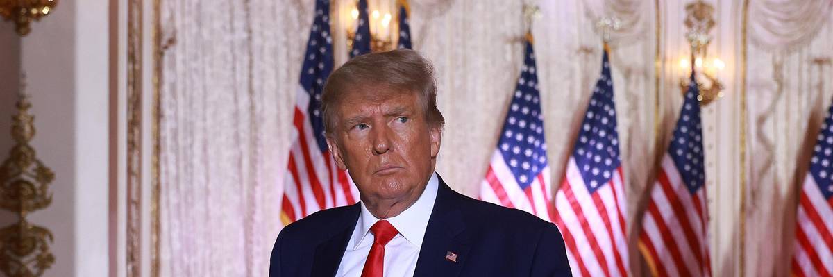 Former President Donald Trump leaves the stage after announcing his 2024 White House bid