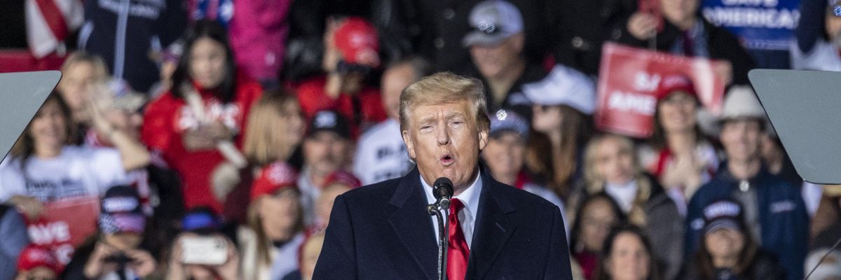 Former President Donald Trump speaks at a rally at the Montgomery County Fairgrounds on January 29, 2022, in Conroe, Texas.