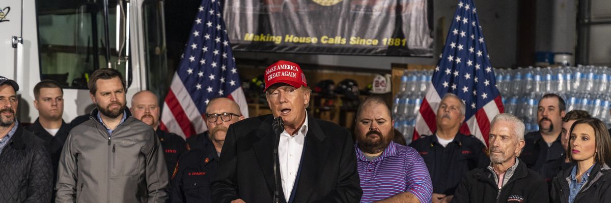 Former President Donald Trump visits East Palestine, Ohio on February 22, 2023.