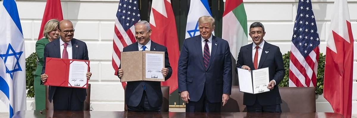 Former U.S. President Donald J. Trump, Minister of Foreign Affairs of Bahrain Dr. Abdullatif bin Rashid Al-Zayani, Israeli Prime Minister Benjamin Netanyahu, and Minister of Foreign Affairs for the United Arab Emirates Abdullah bin Zayed Al Nahyanisigns sign the Abraham Accords