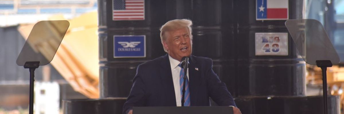 Former U.S. President Donald Trump speaks on an oil rig.