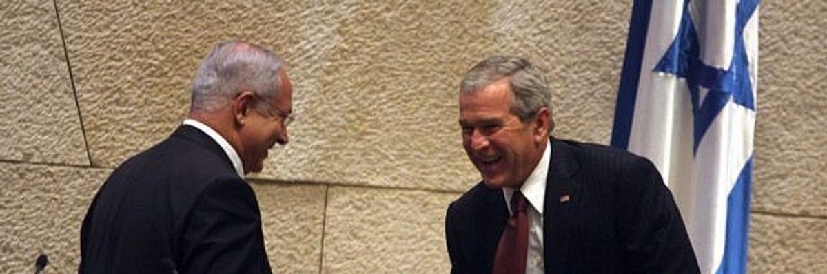 Former U.S. President George W. Bush shaking hands with Benjamin Netanyahu, then head of the Likud opposition, at the Knesset on May 15, 2008.