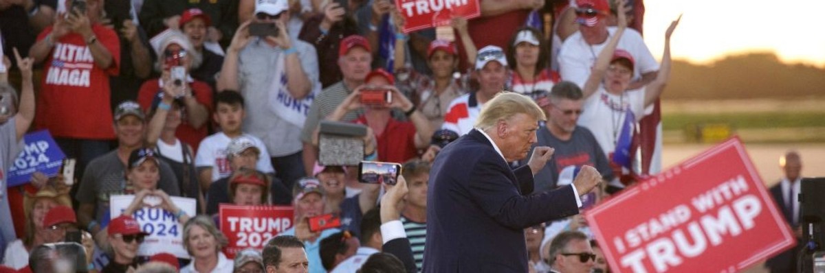 Former US President Donald Trump dances off the stage at the conclusion of a 2024 election campaign rally in Waco, Texas, March 25, 2023.