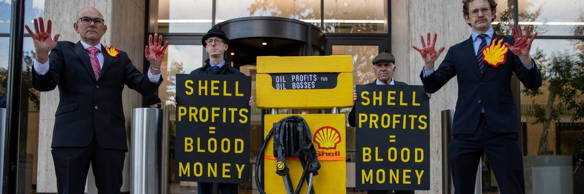 Fossil Free activists seen demonstrationing outside Shell
