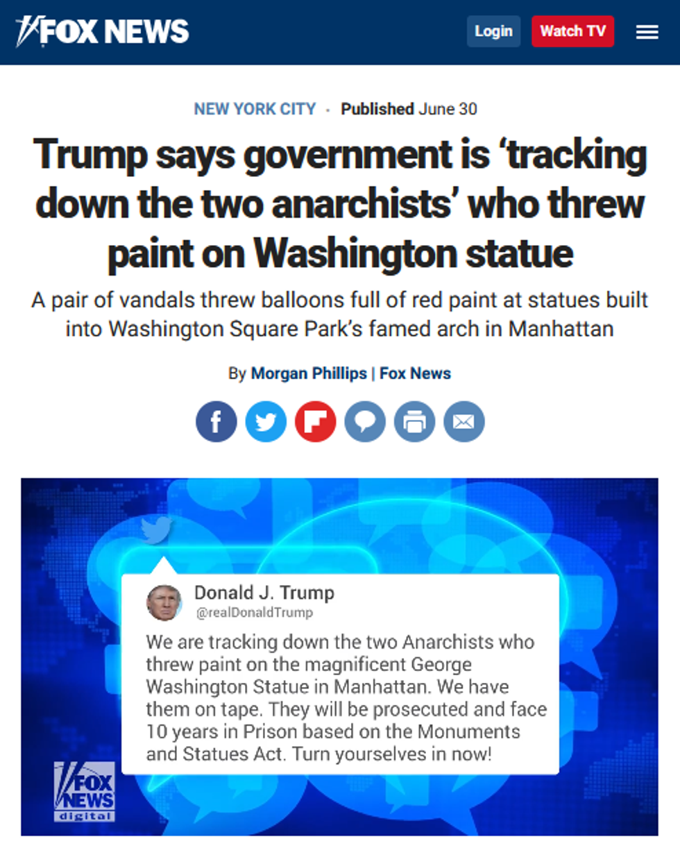 Fox: Trump says government is 'tracking down the two anarchists' who threw paint on Washington statue