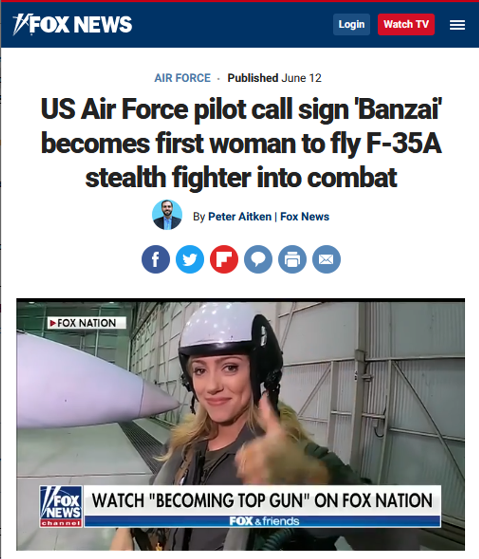 Fox: US Air Force pilot call sign 'Banzai' becomes first woman to fly F-35A stealth fighter into combat