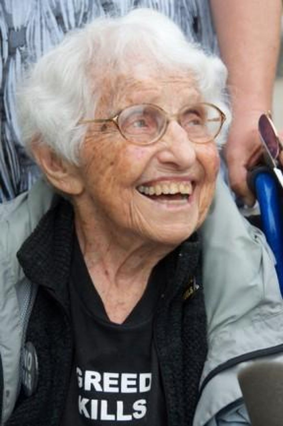 Frances Crowe, 98 years old, and seven other Sugar Shack Alliance members arrested for blocking Kinder Morgan gas pipeline work in Otis State Forest in Sandisfield, Mass. are arraigned at Southern Berkshire District Court in Great Barrington, Mass.and are charged with civil rather than criminal trespassing June 29, 2017. (Photo courtesy Ellen Shub)