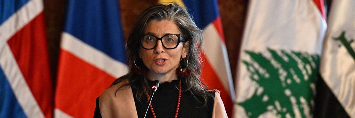 Francesca Albanese speaks at the Hague Group