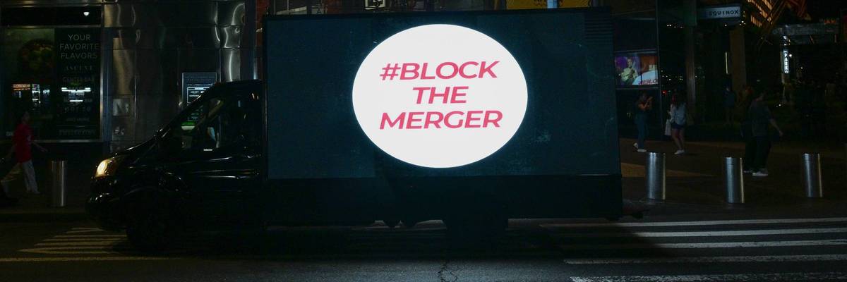 Free Press Advocates Project Message Opposing The Paramount Warner Brothers Merger On Jazz At Lincoln Center During The News And Documentary Emmy Awards