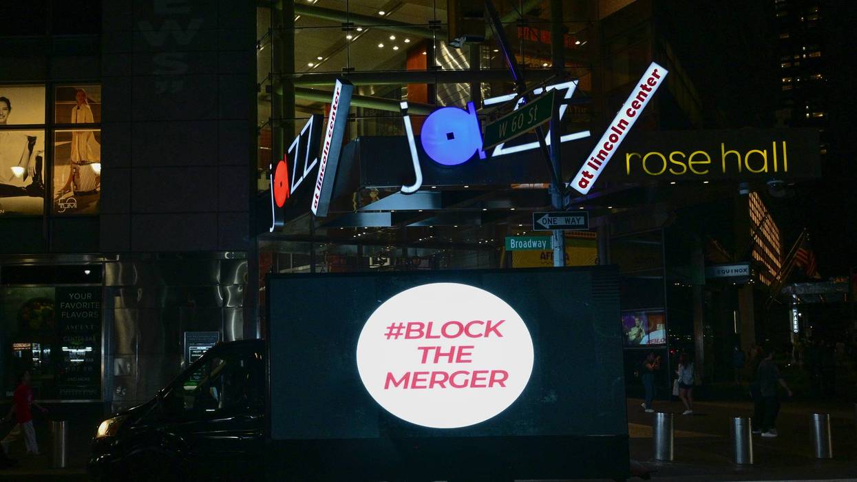 Free Press Advocates Project Message Opposing The Paramount Warner Brothers Merger On Jazz At Lincoln Center During The News And Documentary Emmy Awards