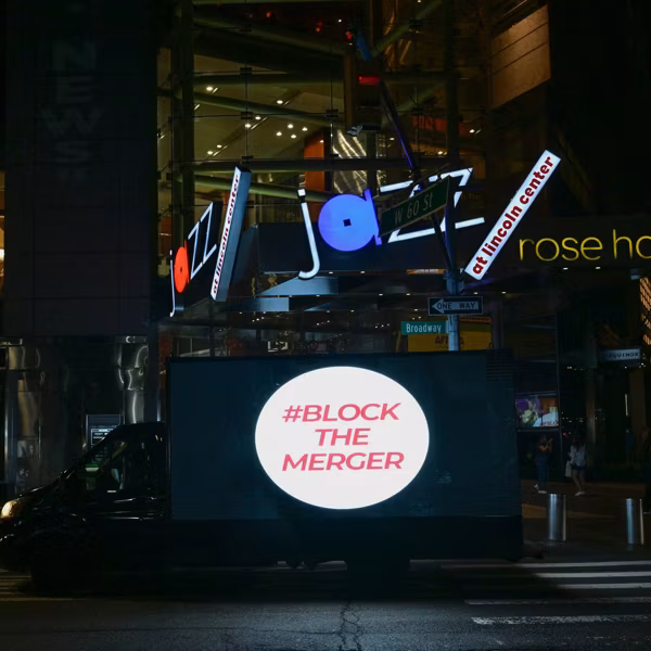 Free Press Advocates Project Message Opposing The Paramount Warner Brothers Merger On Jazz At Lincoln Center During The News And Documentary Emmy Awards