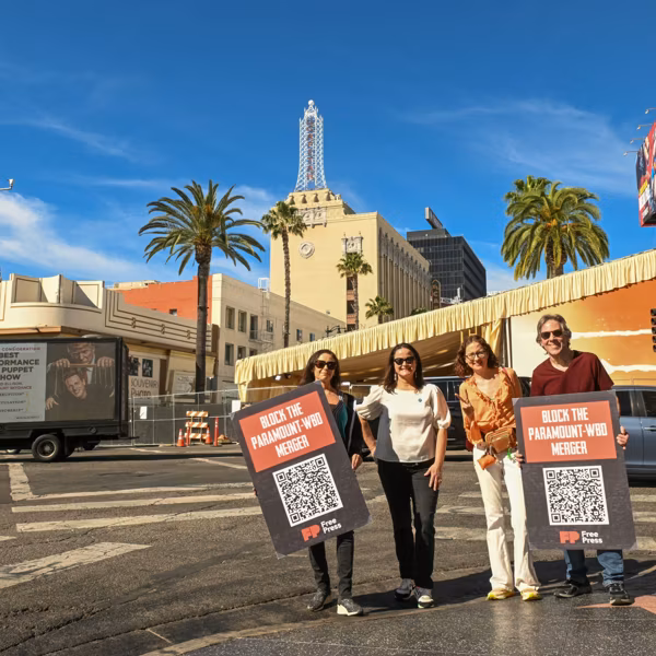 Free Press Warns Hollywood About The Dangers Of The Paramount-Warner Bros Merger Via A Billboard Truck Circling The Studios And The Oscars