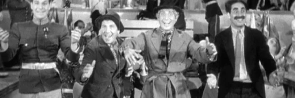 Freedonia officials celebrate the coming of war in the Marx Brothers' Duck Soup
