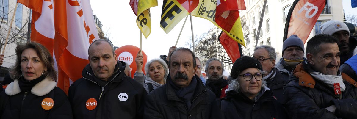 French trade union leaders attend a demonstration in Paris on February 7, 2023.