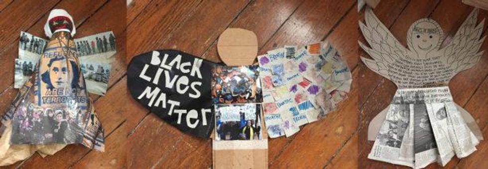 Frida Berrigan's protest angels commemorate, from left to right: refugees, Black Lives Matter and Angels of Bread. (WNV / Frida Berrigan)