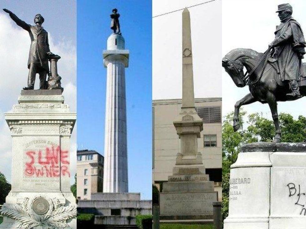 From left to right, the monuments to be removed are the statue of Jefferson Davis, the statue of Robert E. Lee, the Battle of Liberty Place obelisk, and the statue of P.G.T. Beauregard. (Composite: WILX)
