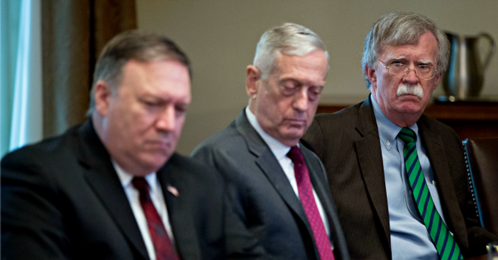 From right: National Security Adviser John Bolton, Defense Secretary Jim Mattis, and Secretary of State Mike Pompeo attend a meeting at the White House on May 17, 2018. (Photo: Andrew Harrer-Pool/Getty Images)