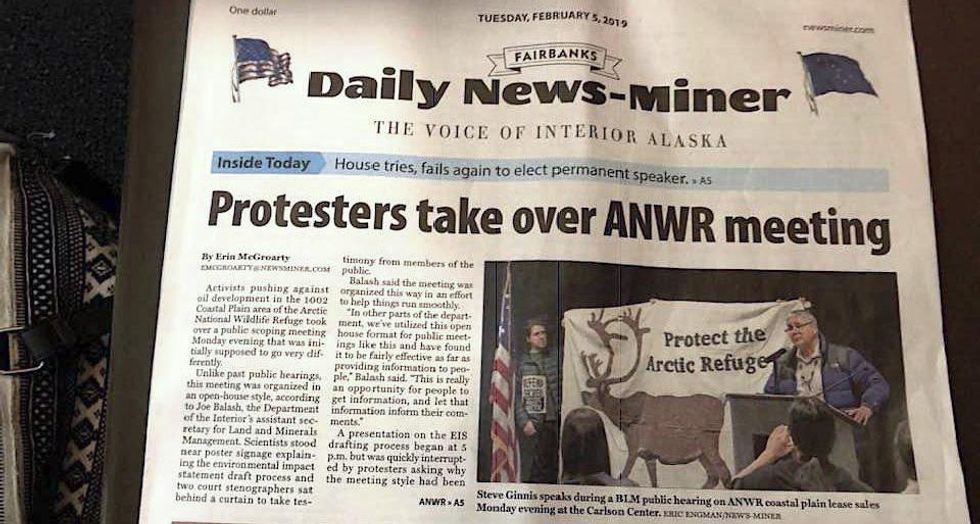 Front-page article on the Arctic Refuge Public Hearing in Fairbanks, Fairbanks Daily News-Miner, February 5, 2019.