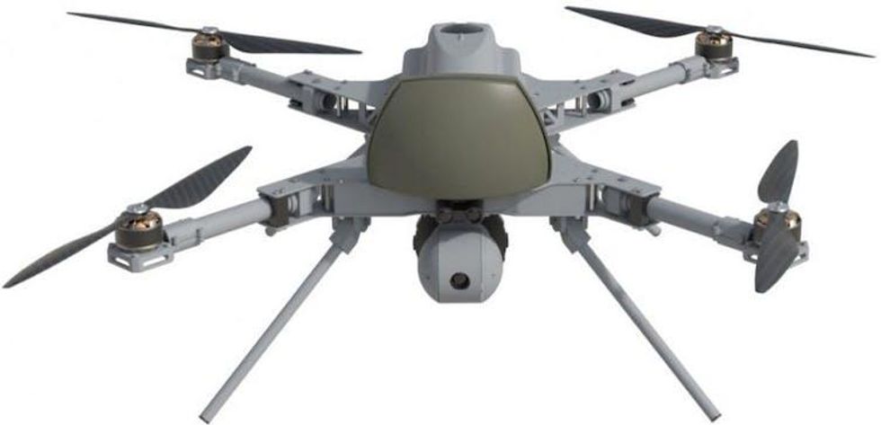Front view of a quadcopter showing its camera