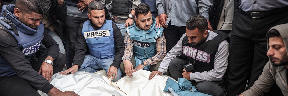 Funeral ceremony for Palestinian journalists Sari Mansour and Hasona Saliem killed in Gaza