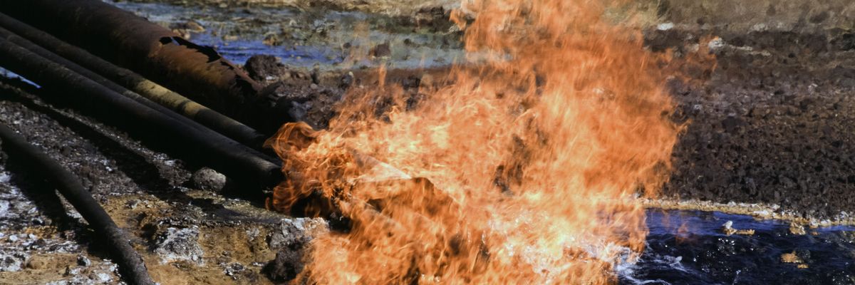 Gas flaring by Petroecuador is seen in the Amazon in Ecuador.