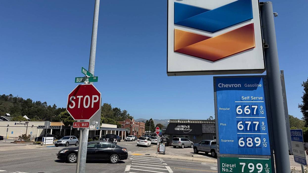 Gas prices between $6.67-$7.99 per gallon are seen at a Chevron station in Cambria, California