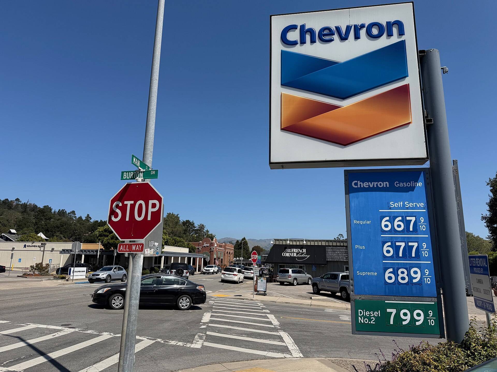 Gas prices between $6.67-$7.99 per gallon are seen at a Chevron station in Cambria, California