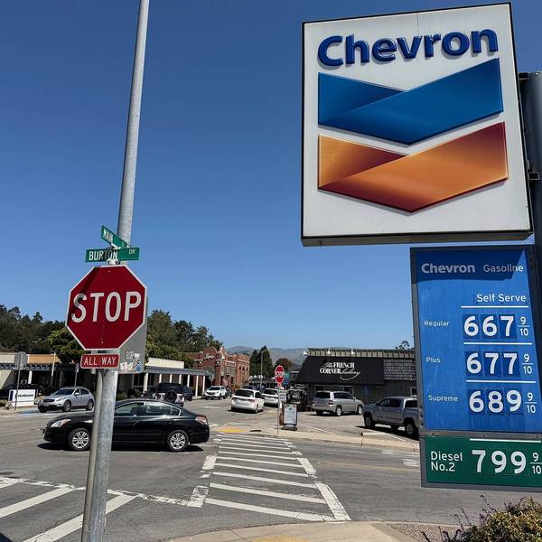 Gas prices between $6.67-$7.99 per gallon are seen at a Chevron station in Cambria, California