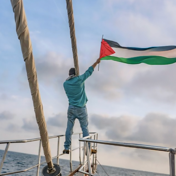 Gaza Freedom Flotilla member waves Palestinian flag from a boat