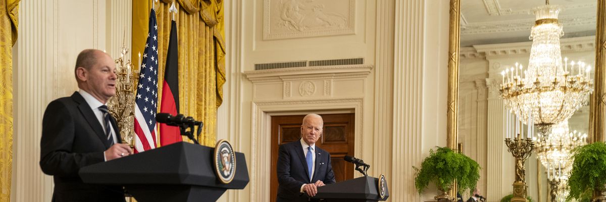 German Chancellor H.E. Olaf Scholz and U.S. President Joe Biden participate in a joint press conference on February 7, 2022, in Washington, D.C.