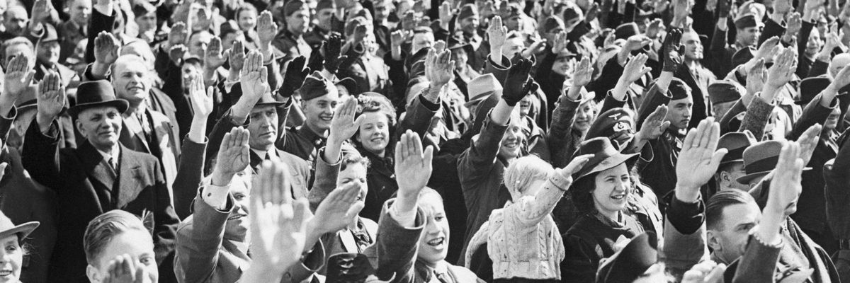 Germans saluting the head of Nazi Party, Adolf Hitler, during a birthday celebration.