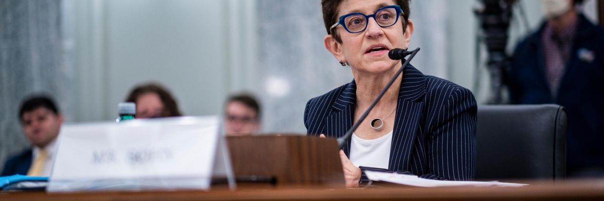 Gigi Sohn testifies during a Senate Commerce, Science, and Transportation Committee confirmation hearing examining her nomination to be appointed commissioner of the Federal Communications Commission on February 9, 2022 in Washington, D.C. 