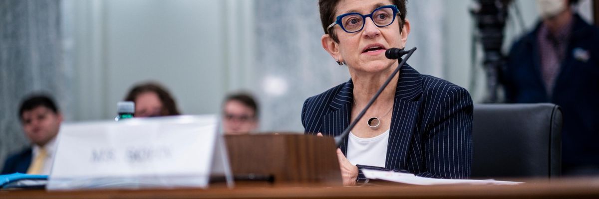 Gigi Sohn testifies during a Senate Commerce, Science, and Transportation Committee confirmation hearing on February 9, 2022 in Washington, D.C.