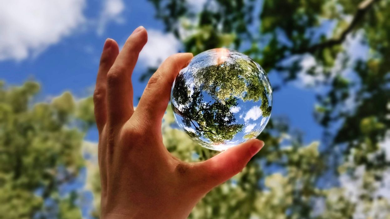 Glass ball through trees looks like planet earth