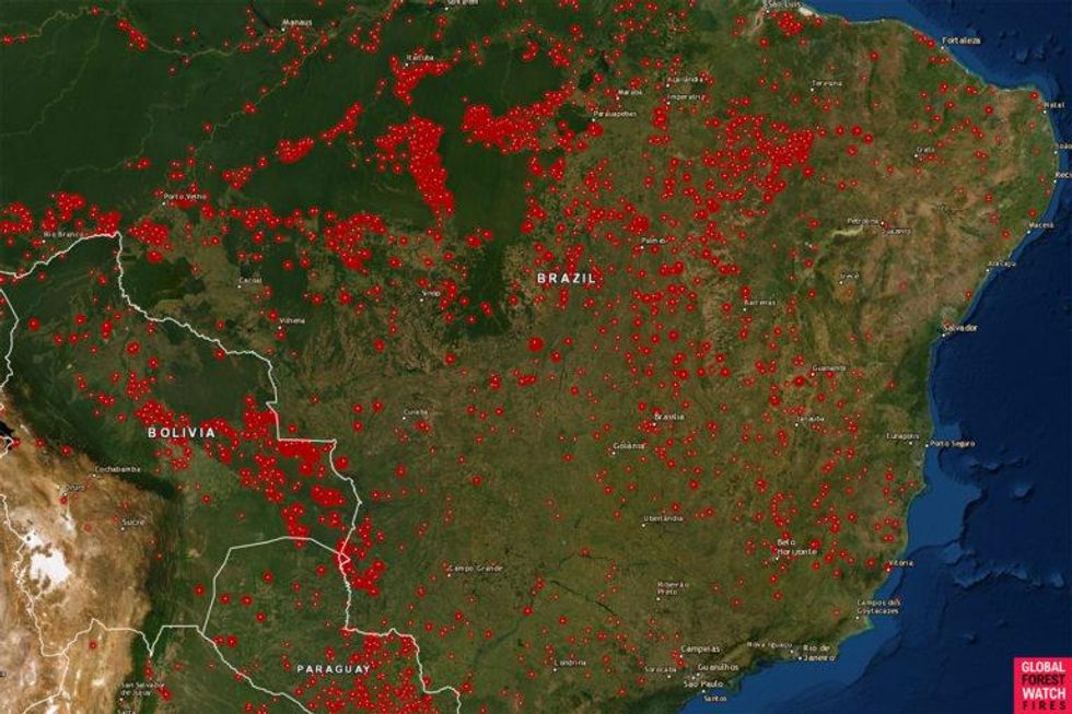 Global Forest Watch (GFW) - Fires map showing active fires for the week starting August 13, 2019 in the Brazilian Amazon using VIIRS and MODIS satellite data. Courtesy of GFW.