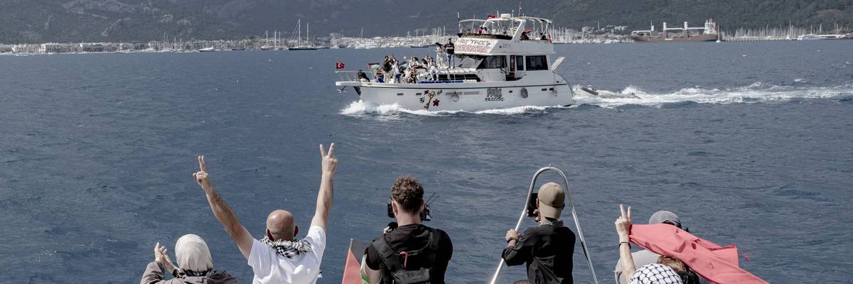Global Sumud Flotilla supporters wave to departing boats in Turkey