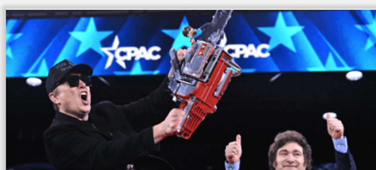 Gonzo Elon Musk wields chainsaw gift from Argentine Pres. Javier Milei at CPAC d, ident Javier Milei d