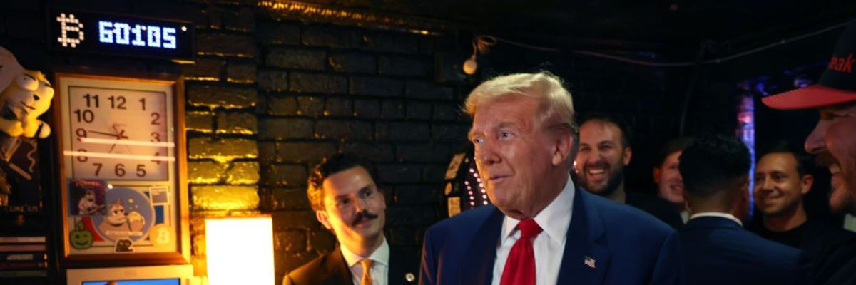 GOP Presidential Candidate Former President Donald Trump Stops By A Crypto Currency Themed Bar In Manhattan