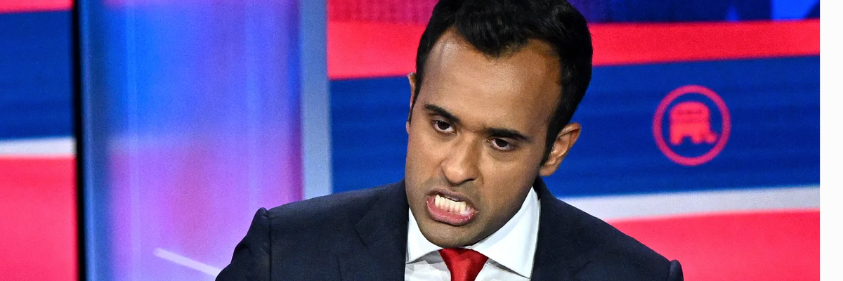 GOP presidential candidate Vivek Ramaswamy grimaces during final debate.