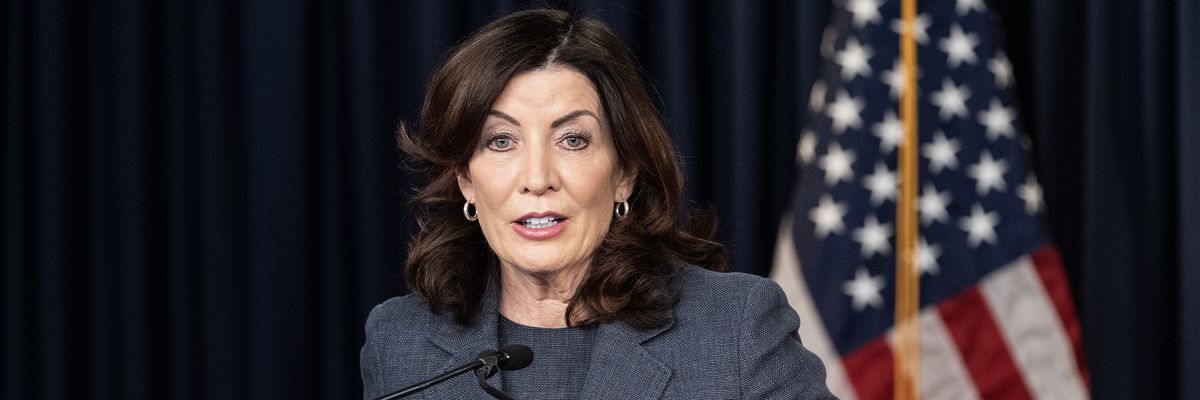 Governor Kathy Hochul speaks at a press briefing in the New