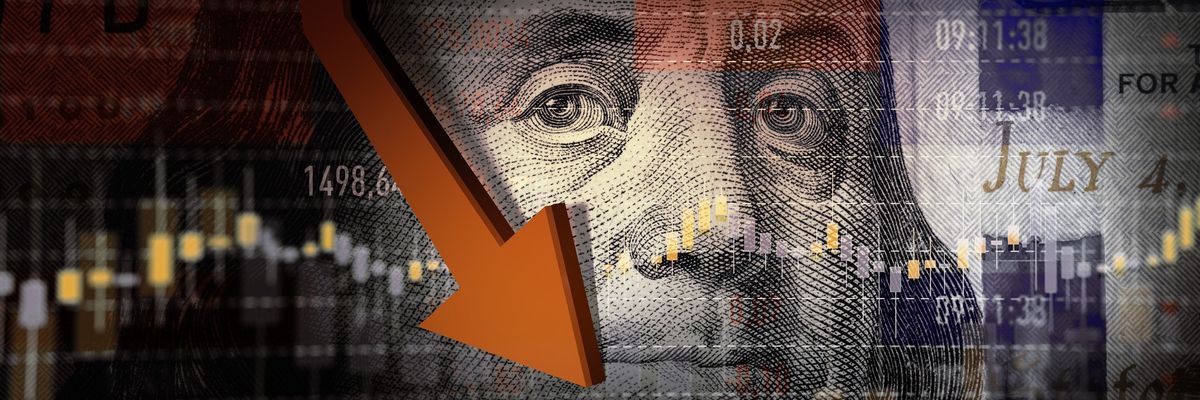 Graphic showing Benjamin Franklin and falling stock prices.