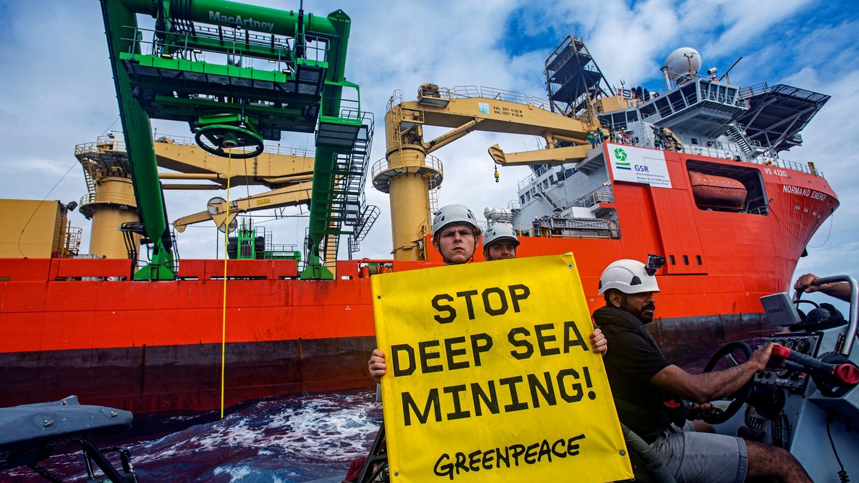 Greenpeace activist holding sign "Stop Deep Sea Mining"