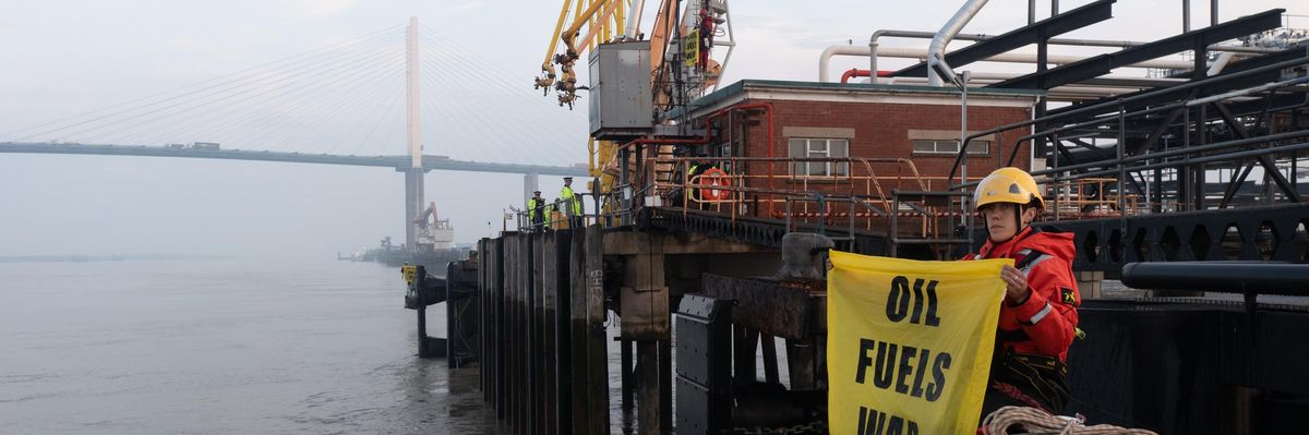 Greenpeace activists on the River Thames near London blocked a tanker carrying 33,000 tonnes of Russian diesel to the United Kingdom on May 16, 2022.