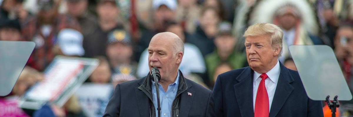 Greg Gianforte joins Donald Trump at a rally in Belgrade, Montana