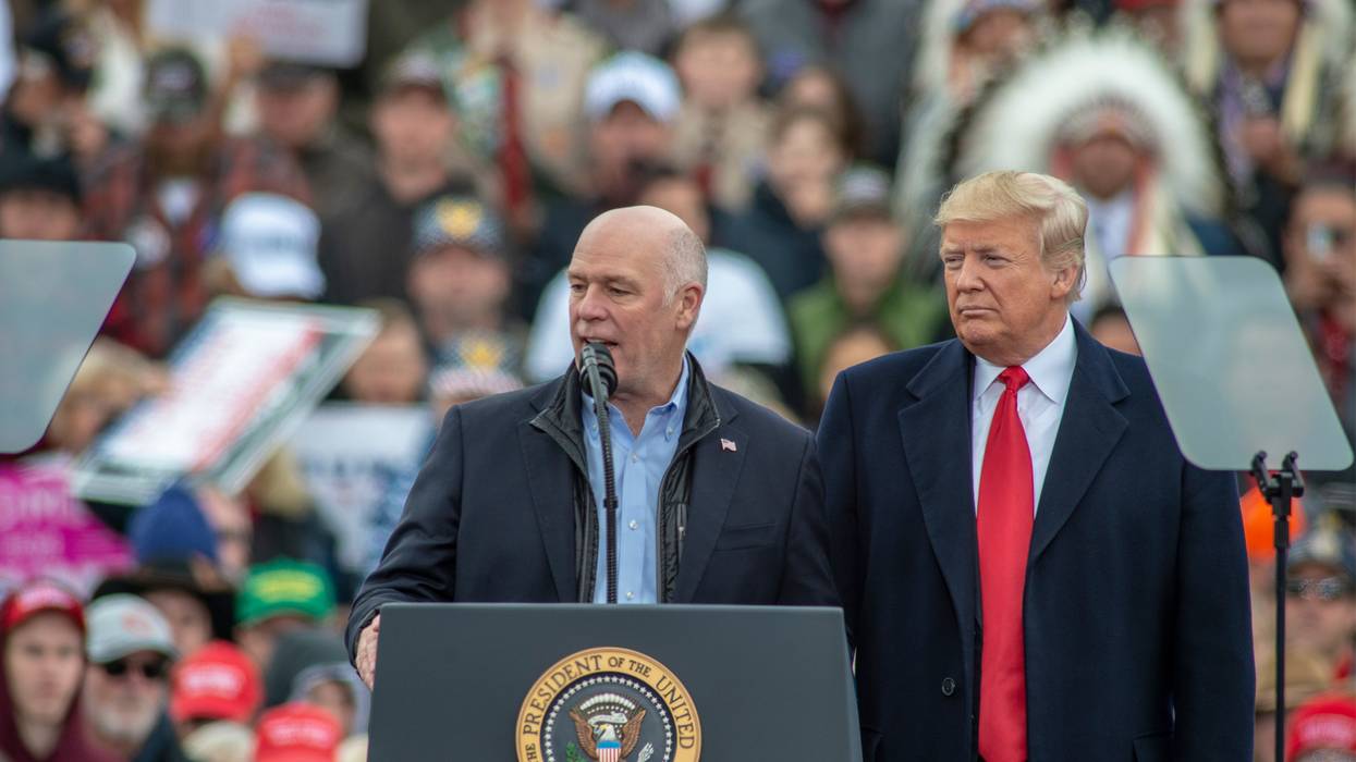 Greg Gianforte joins Donald Trump at a rally in Belgrade, Montana