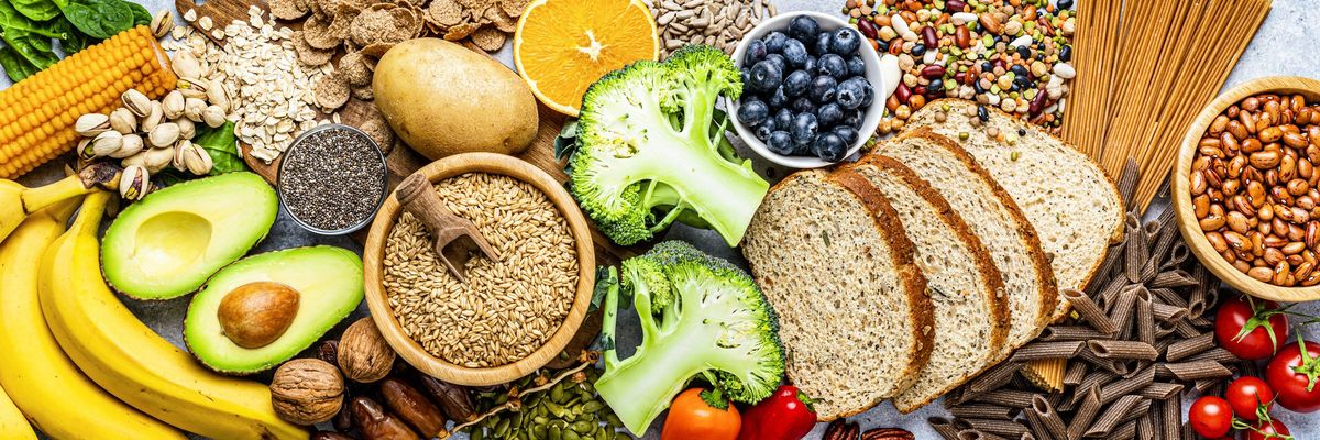 Group of food with high content of dietary fiber arranged side by side