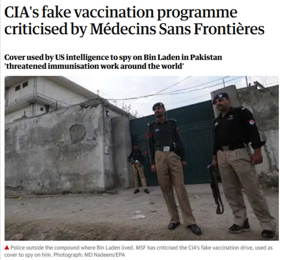 Guardian: CIA's fake vaccination programme criticised by Medecins Sans Frontieres