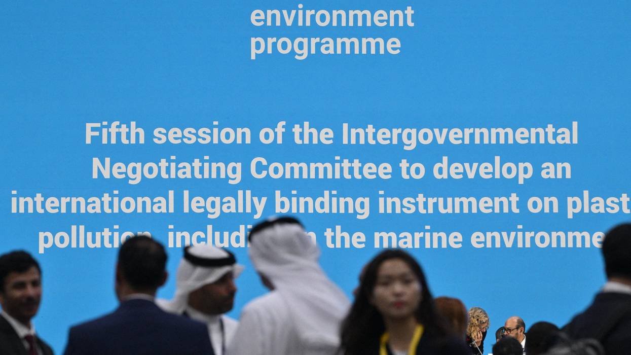 Guests gather prior to the opening of the United Nations Intergovernmental Negotiating Committee on Plastic Pollution