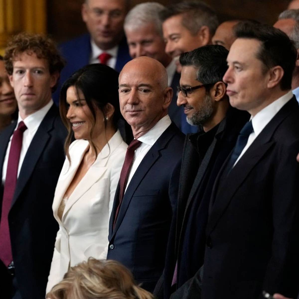 Guests including Mark Zuckerberg, Lauren Sanchez, Jeff Bezos, Sundar Pichai, and Elon Musk attend the Inauguration of Donald J. Trump